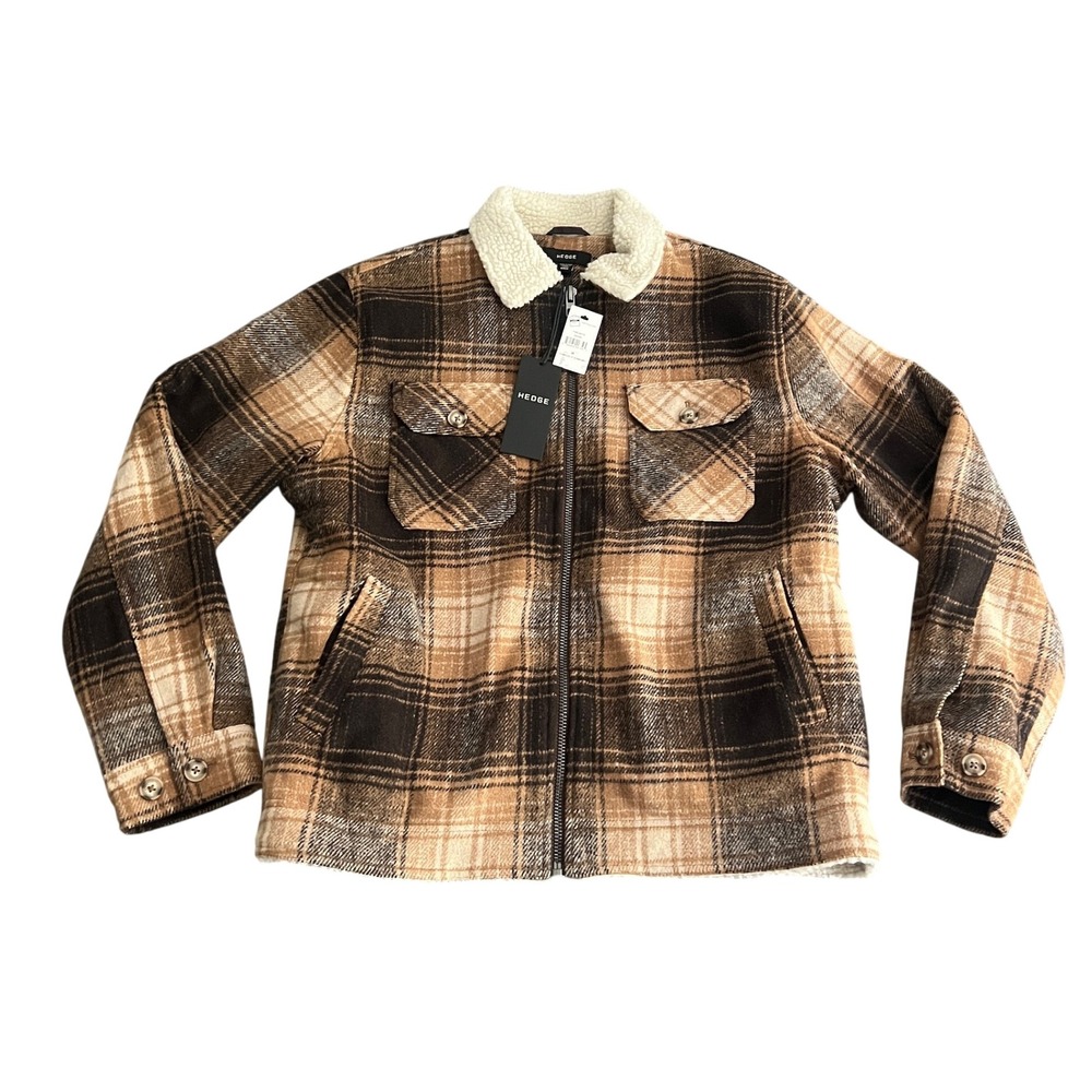 NWT Hedge Mens Medium Sherpa Lined Plaid Flannel Shirt Jacket Brown Tan Full Zip